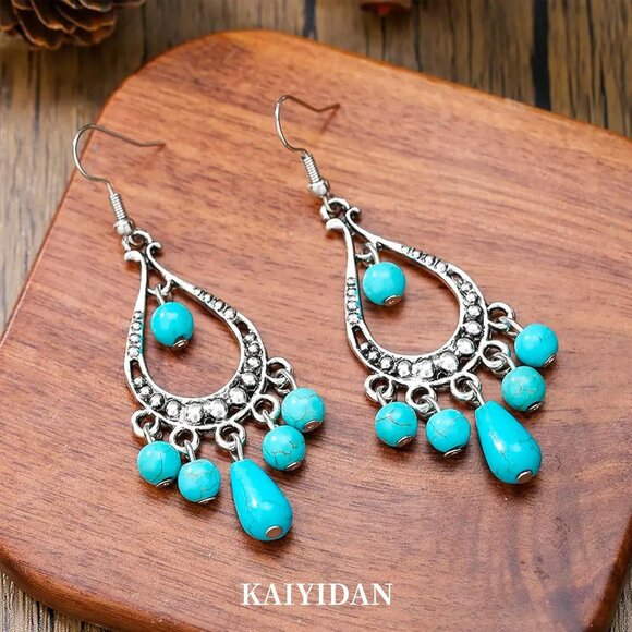 Teardrop Turquoise Tassels Vintage Long Summer Earring for Women Jewelry - Picture 3 of 8